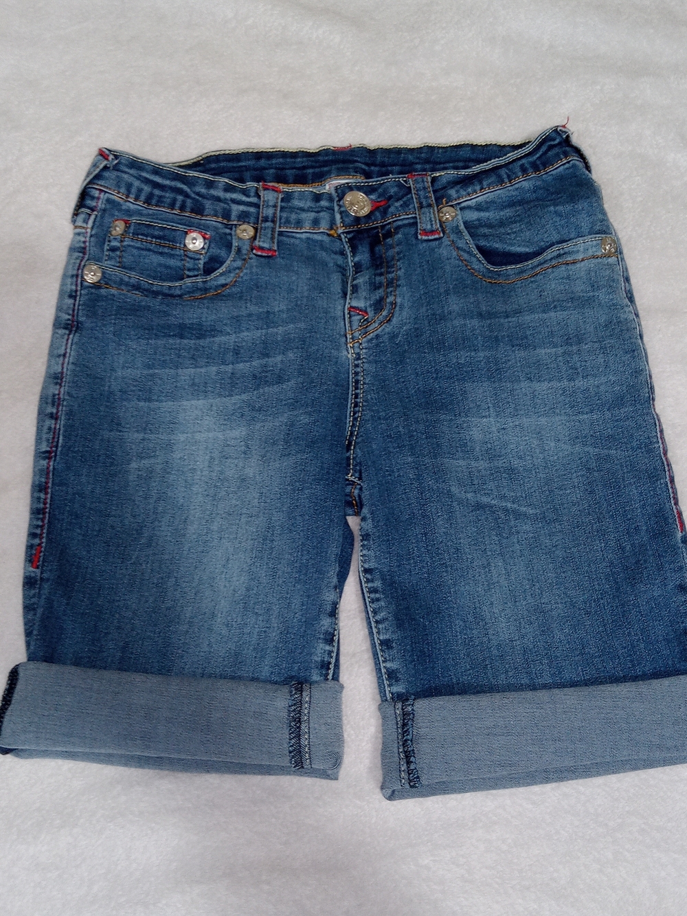 True Religion Girls Size 14 Denim Bermuda Shorts Flap Pocket Cuffed Blue